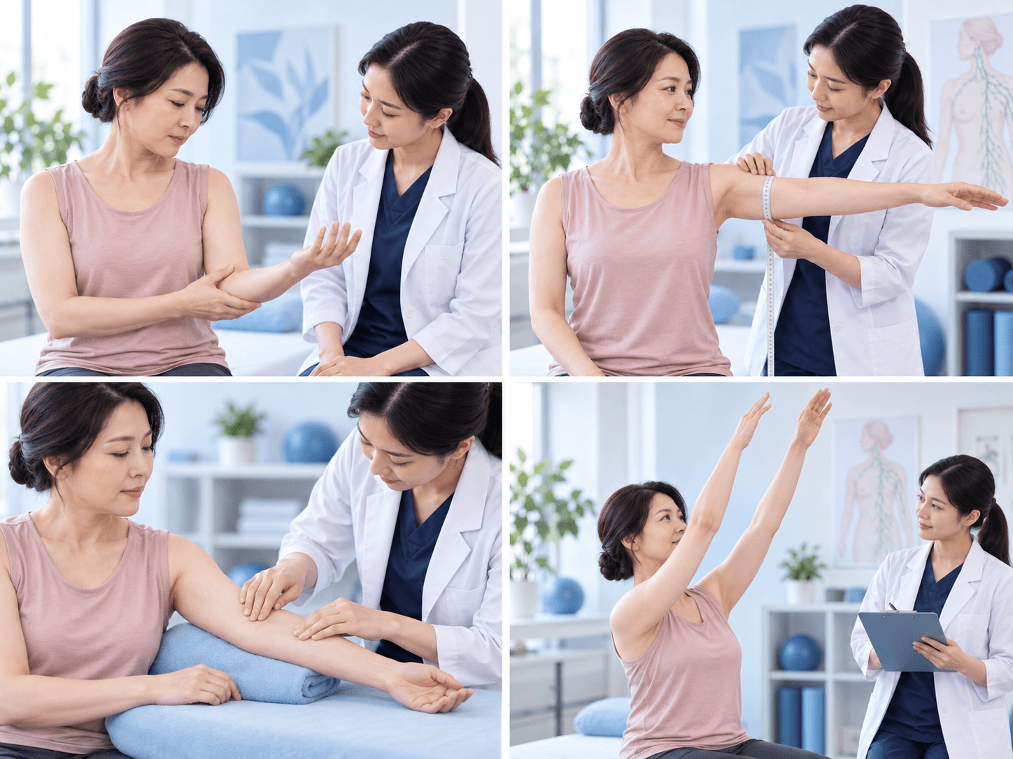 乳癌相關淋巴水腫症狀、肢體量測、組織與功能評估示意圖